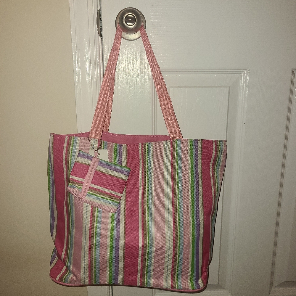 J Francis Pink Multi Color Striped Tote Bag w/Coin Purse